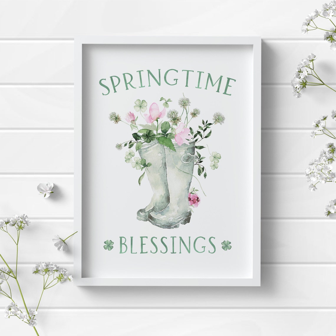 Springtime Blessings Rain Boots Shamrock Clover Floral Wall Art - Image 3