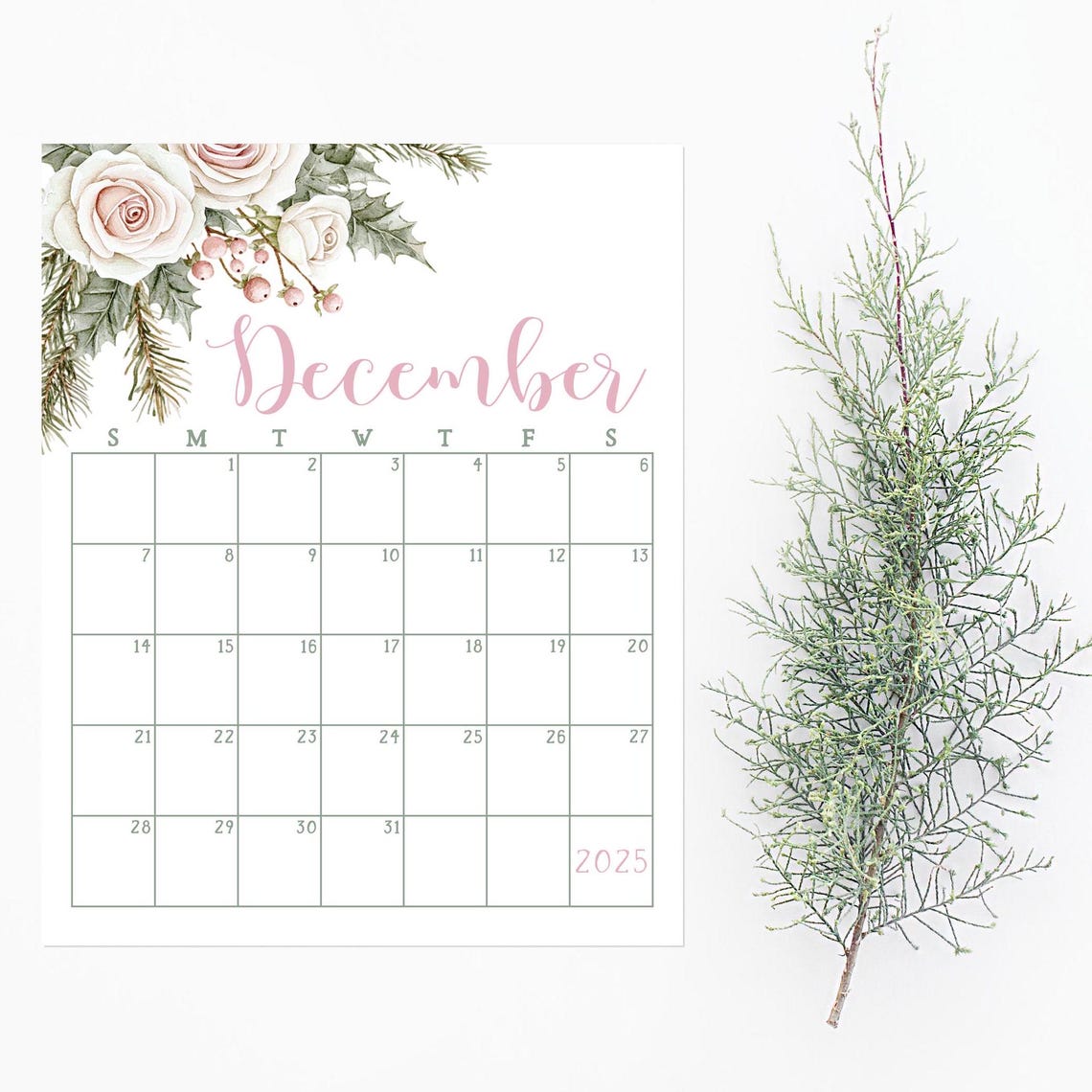 December 2025 Calendar Pink Roses Holly Blush Floral Wall Planner - Image 4