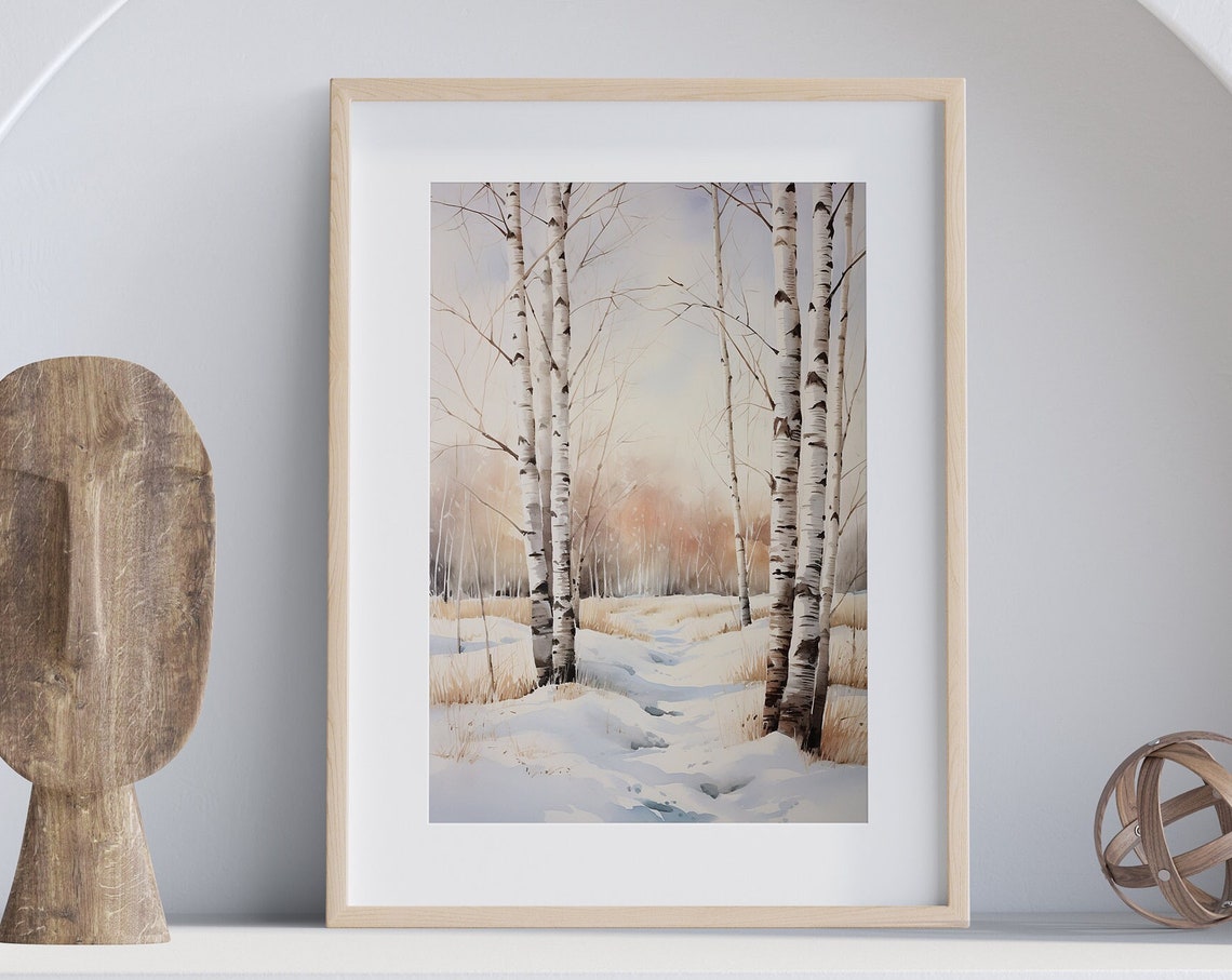 Birch Trees in Snow Watercolor Autumn Winter Glow Art Poster - Image 5