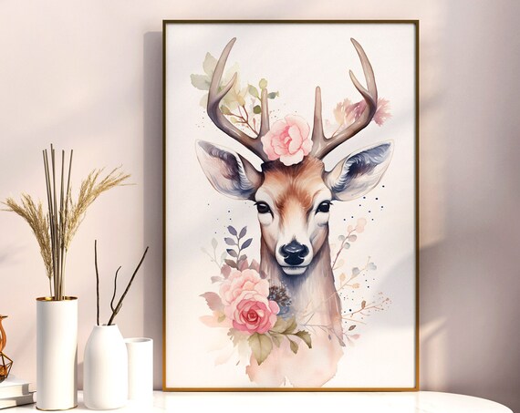 Deer With Antlers Pink Roses Watercolor Woodland Animal Poster