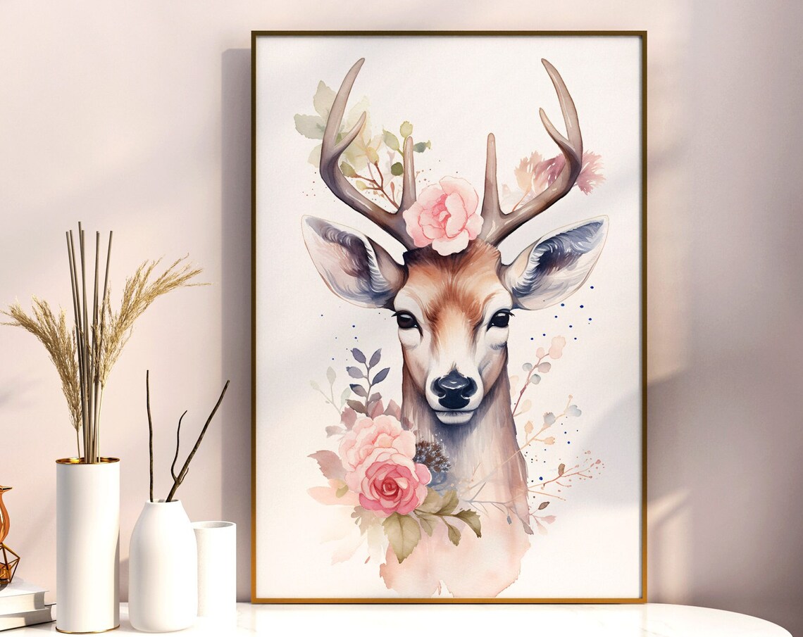 Deer With Antlers Pink Roses Watercolor Woodland Animal Poster
