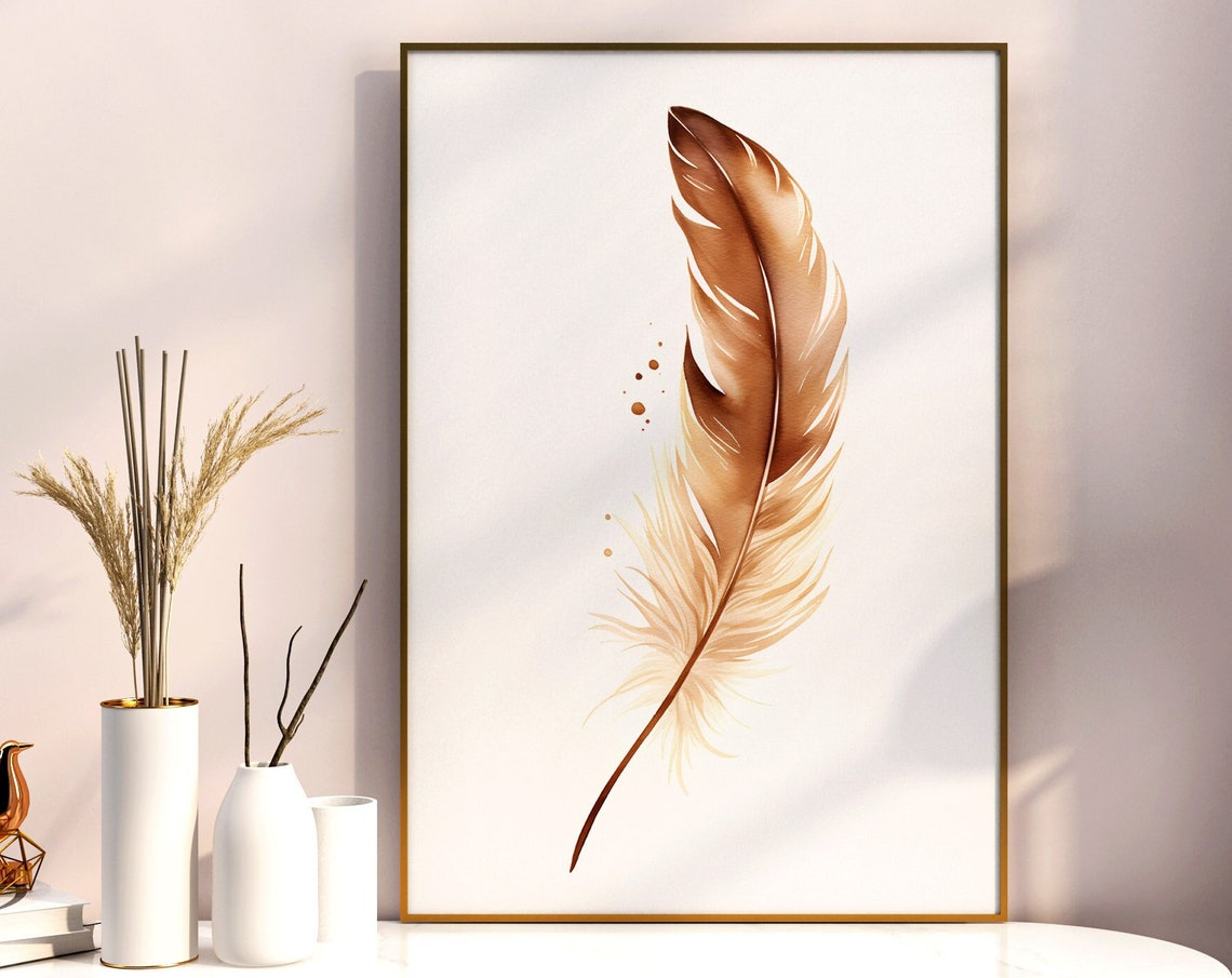 Brown Feather Watercolor Minimalist Abstract Nature Art Poster