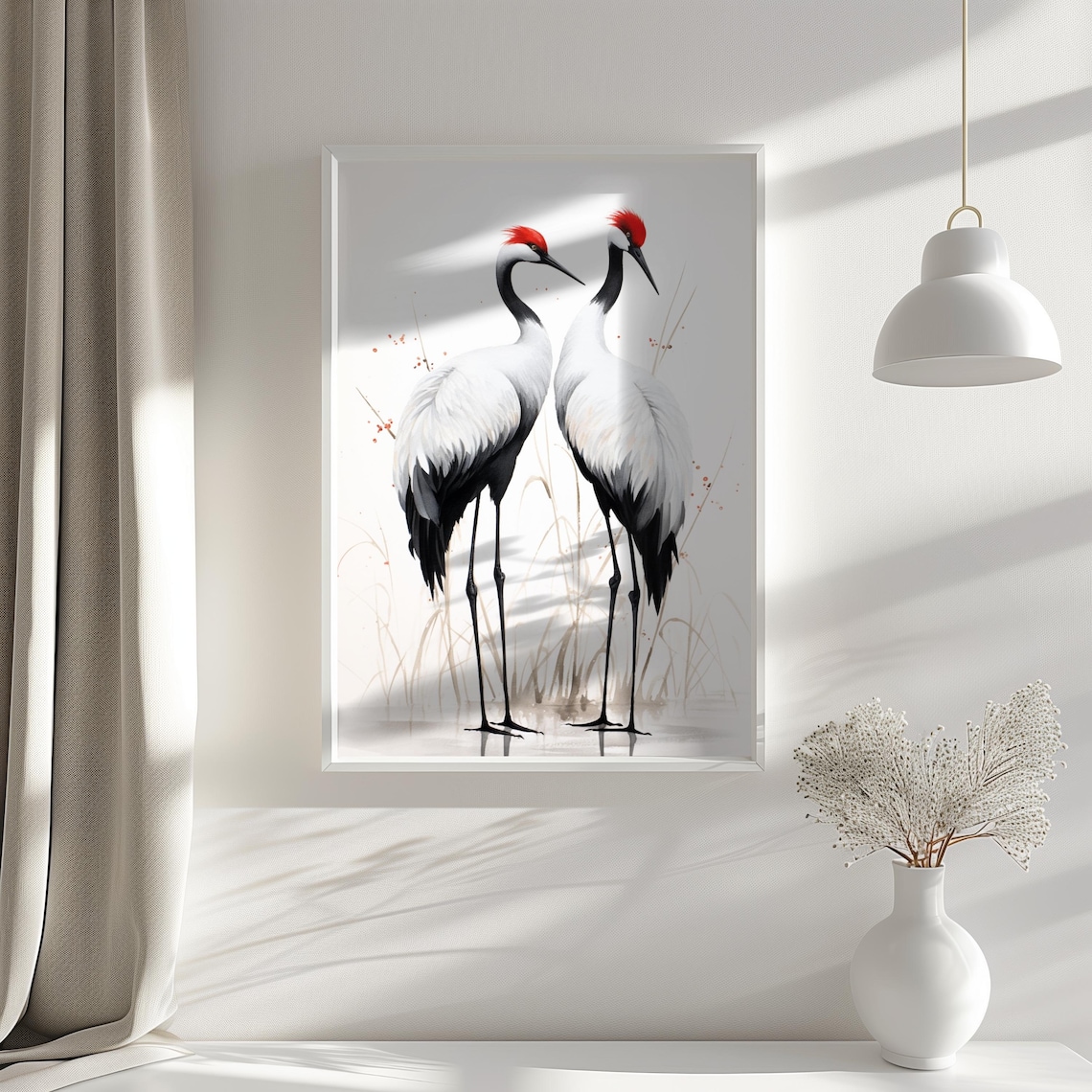 Japanese Red-Crowned Crane Pair Watercolor Art Print - Image 2
