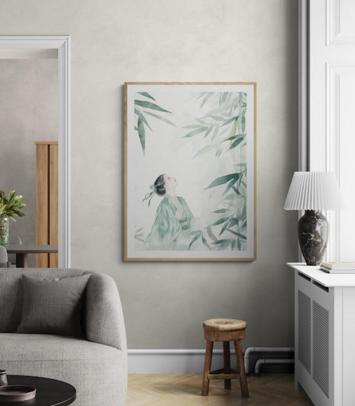 Hanfu Girl In Misty Bamboo Forest Tranquil Zen Green Watercolor Poster - Image 3