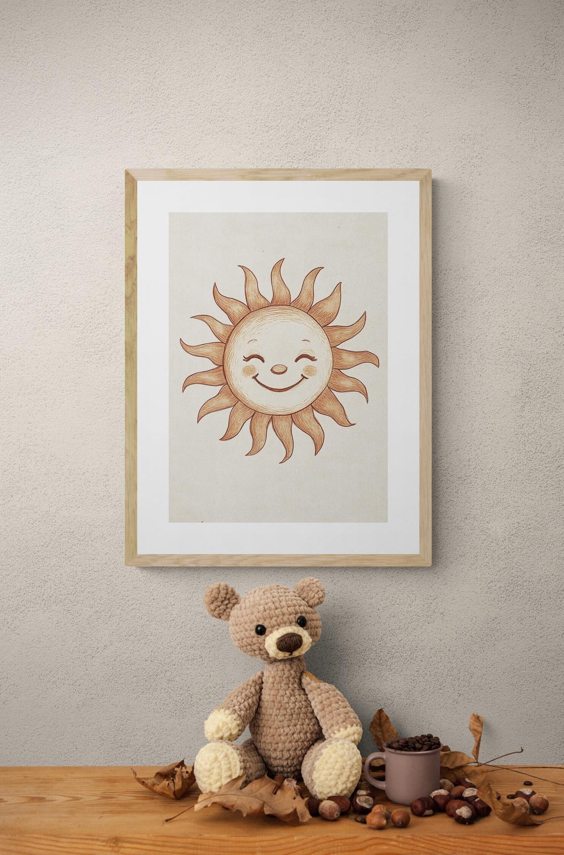 Smiling Sun Face Nursery Decor Hand Drawn Warm Beige Wall Art Poster