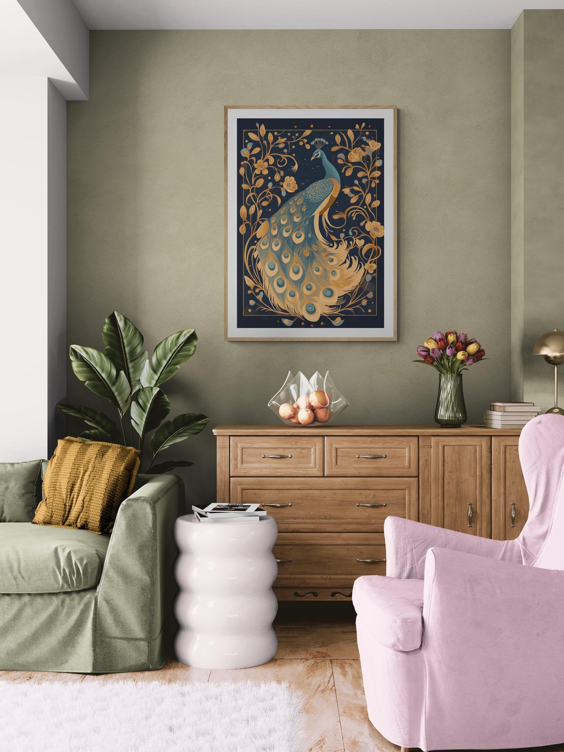Art Nouveau Peacock Gold Navy Plumage Ornate Floral Dark Wall Art - Image 4