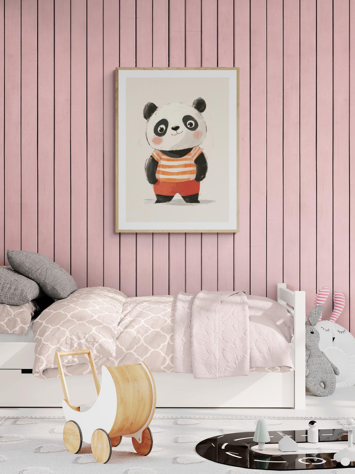 Baby Panda In Striped Shirt Cute Pastel Kids Nursery Wall Art Poster - Image 2