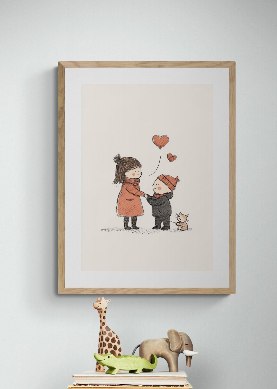 Sweet Siblings Holding Hands Heart Balloons Kitten Cute Nursery Art Print