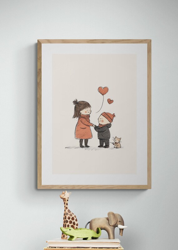 Sweet Siblings Holding Hands Heart Balloons Kitten Cute Nursery Art Print
