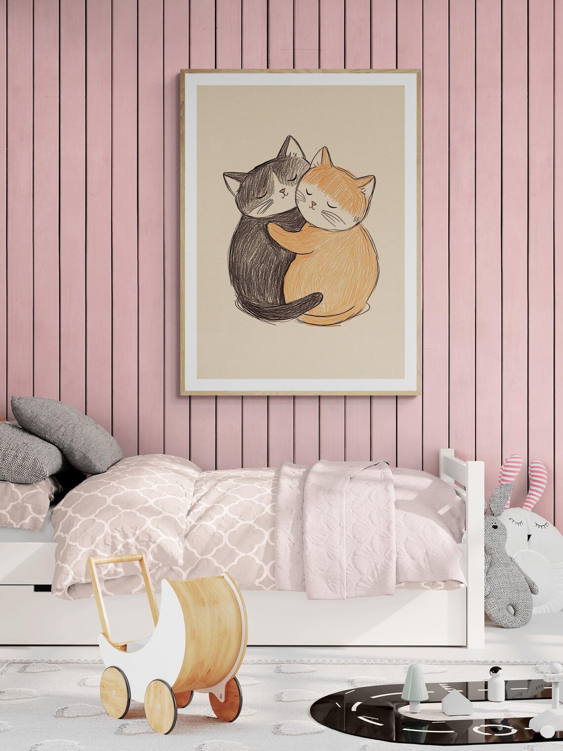Two Cats Hugging Sweet Embrace Colored Pencil Cozy Nursery Wall Art Print - Image 2