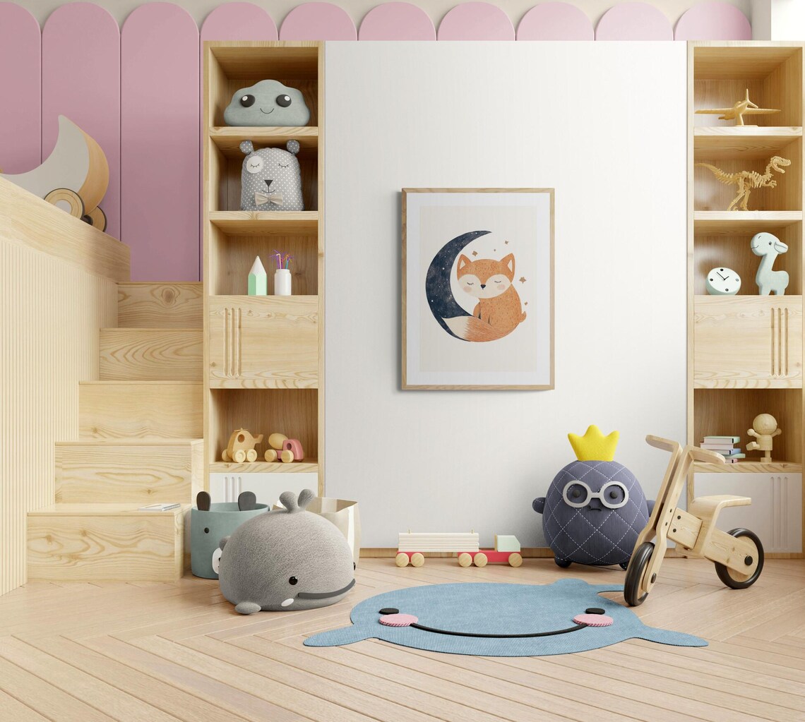Sleeping Fox And Crescent Moon Stars Cute Nursery Animal Wall Art Print - Image 4