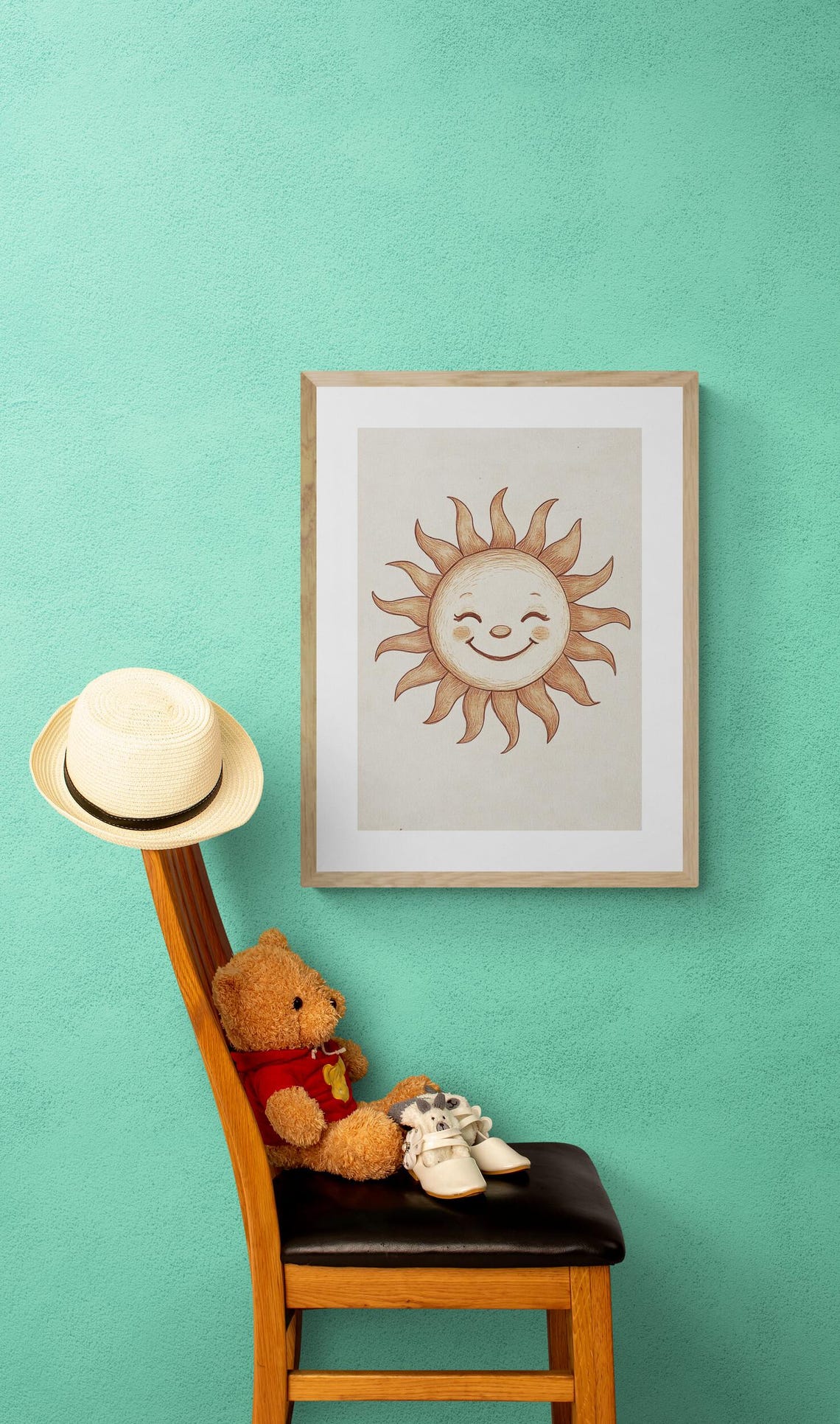 Smiling Sun Face Nursery Decor Hand Drawn Warm Beige Wall Art Poster - Image 2