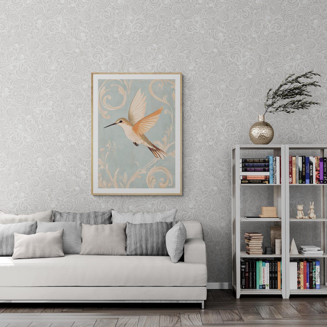 Art Nouveau Hummingbird In Flight Pale Peach Filigree Sage Wall Art - Image 4