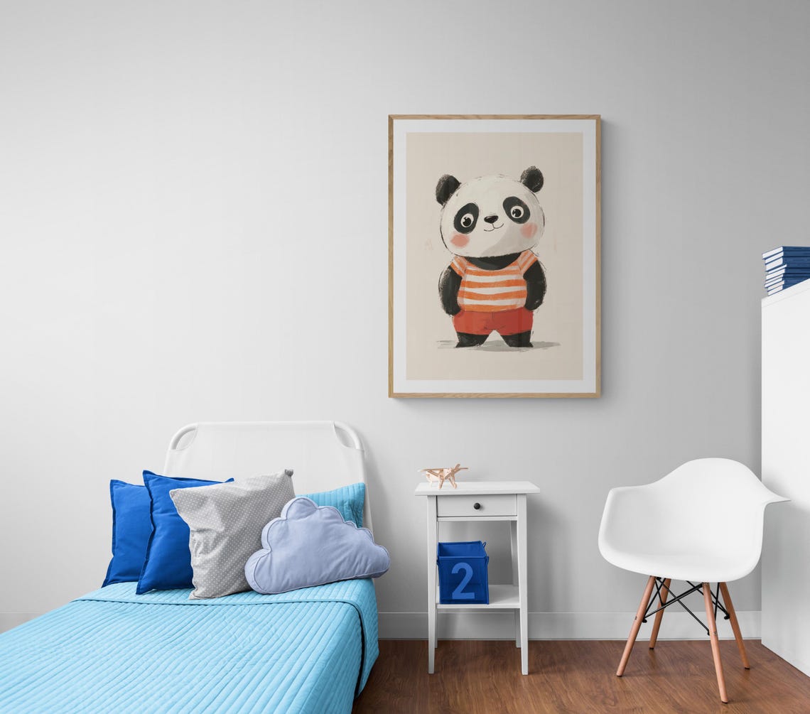 Baby Panda In Striped Shirt Cute Pastel Kids Nursery Wall Art Poster - Image 3