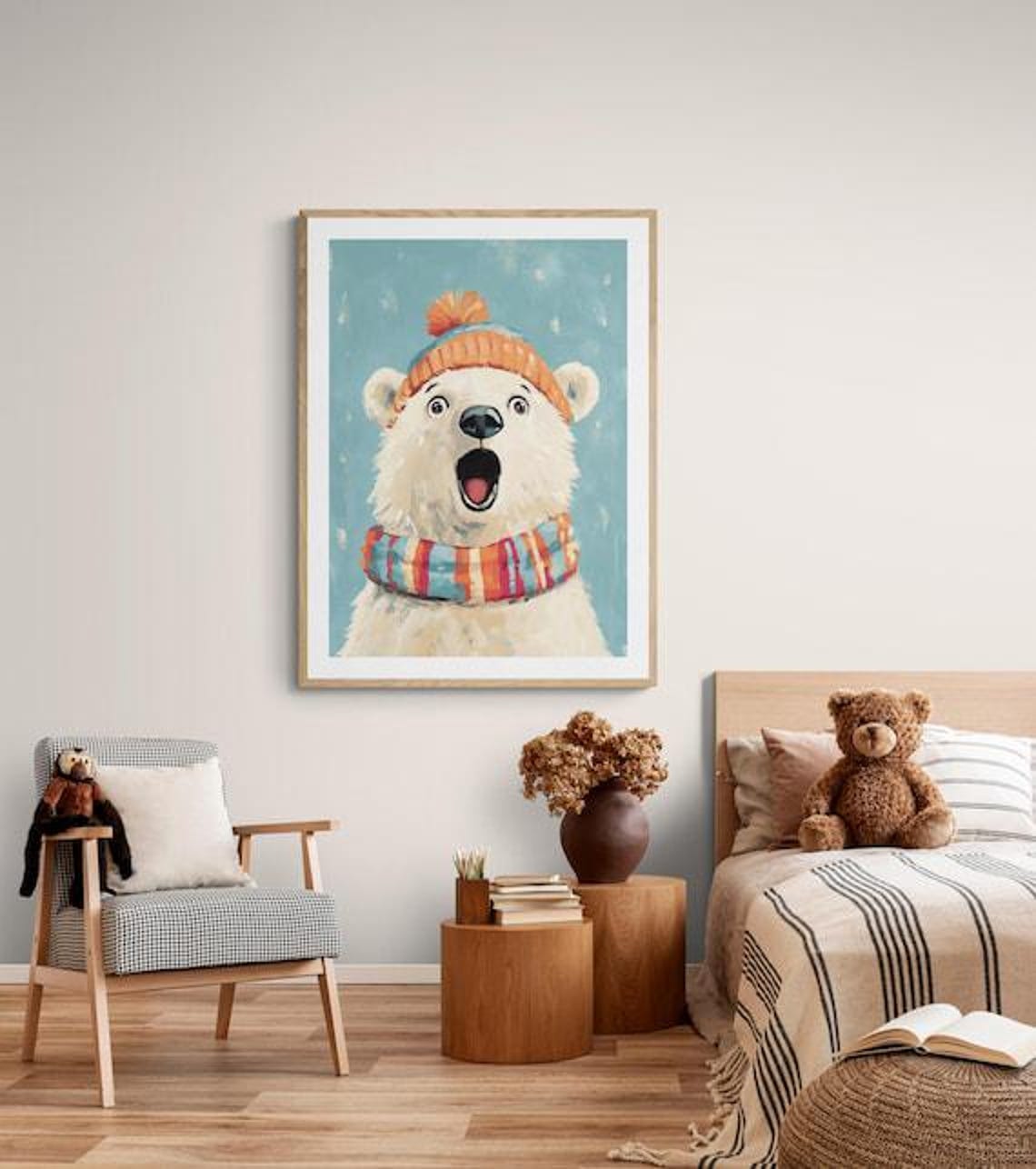 Cheerful Polar Bear Winter Hat Scarf Cute Arctic Kids Wall Art Poster