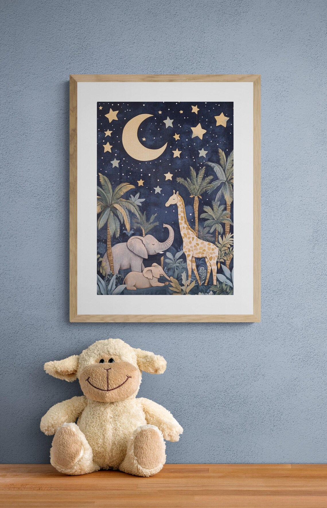 Starry Night Safari Elephants Giraffe Crescent Moon Nursery Wall Art Print - Image 2