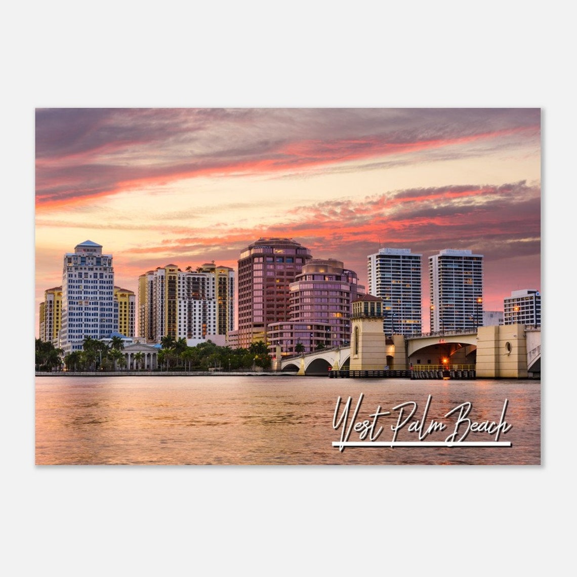 West Palm Beach Florida Pink Sunset Skyline Waterfront Photo Poster