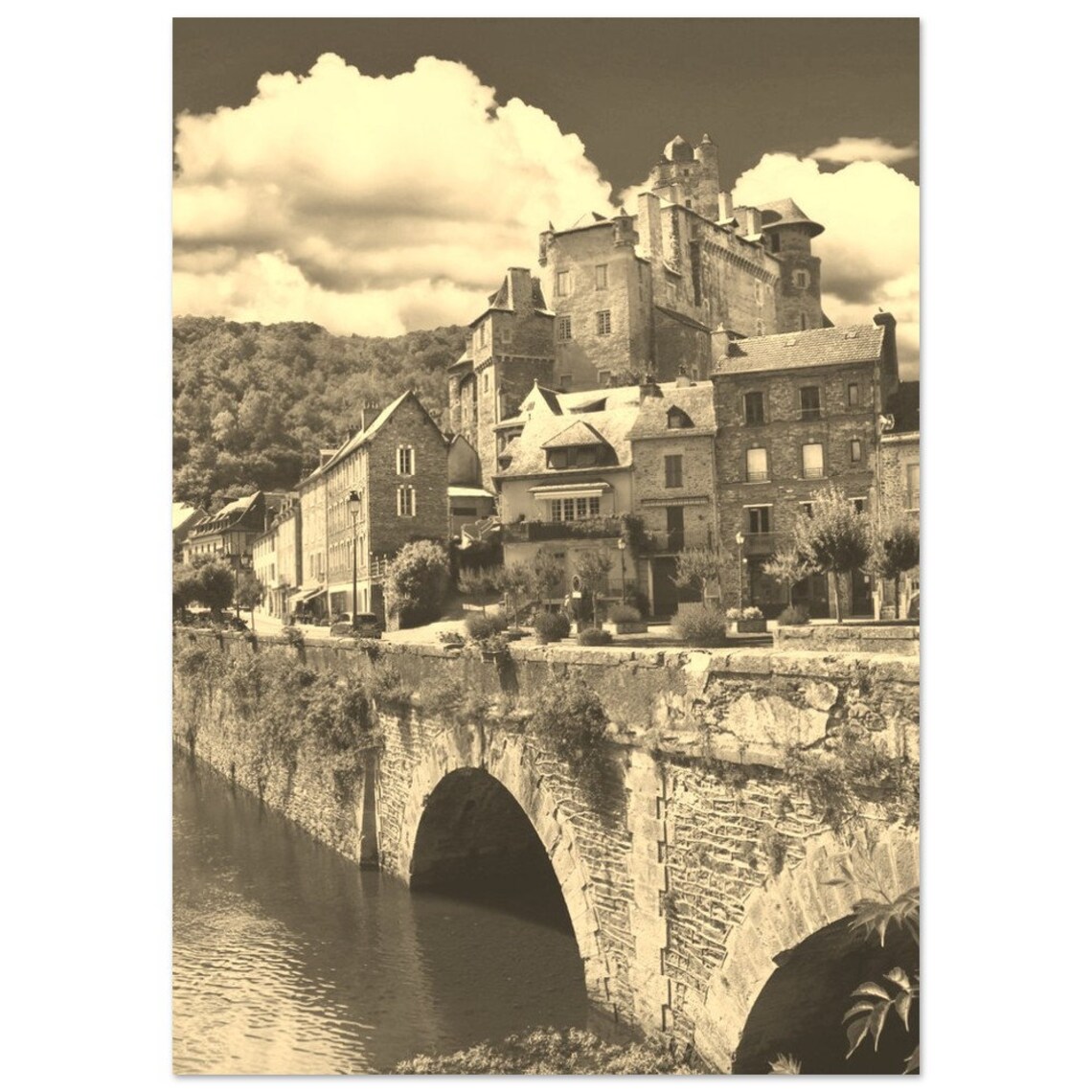 Dordogne France Riverside Castle Sepia Vintage Travel Poster