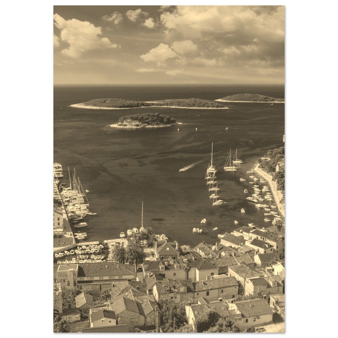 Hvar Croatia Vintage Sepia Coast Islands Sailboats View Poster