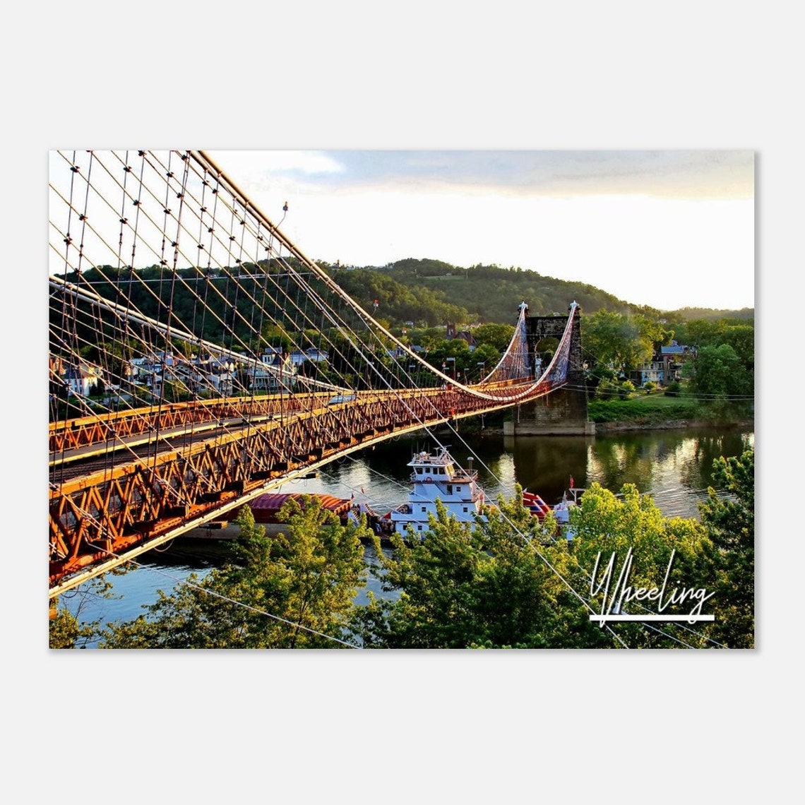 Historic Wheeling Suspension Bridge at Sunset River Photo Poster