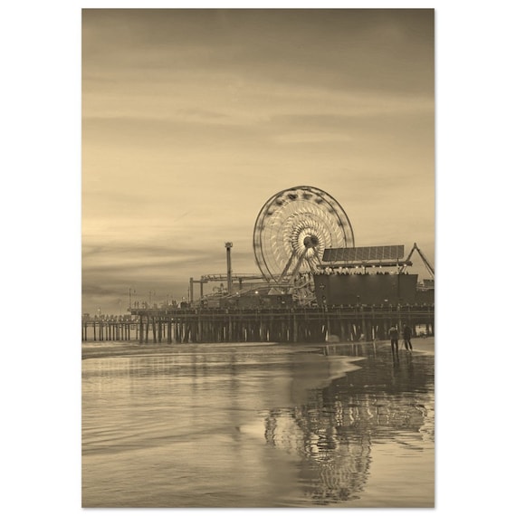 Santa Monica Pier Ferris Wheel Sepia Sunset Beach Vintage Poster