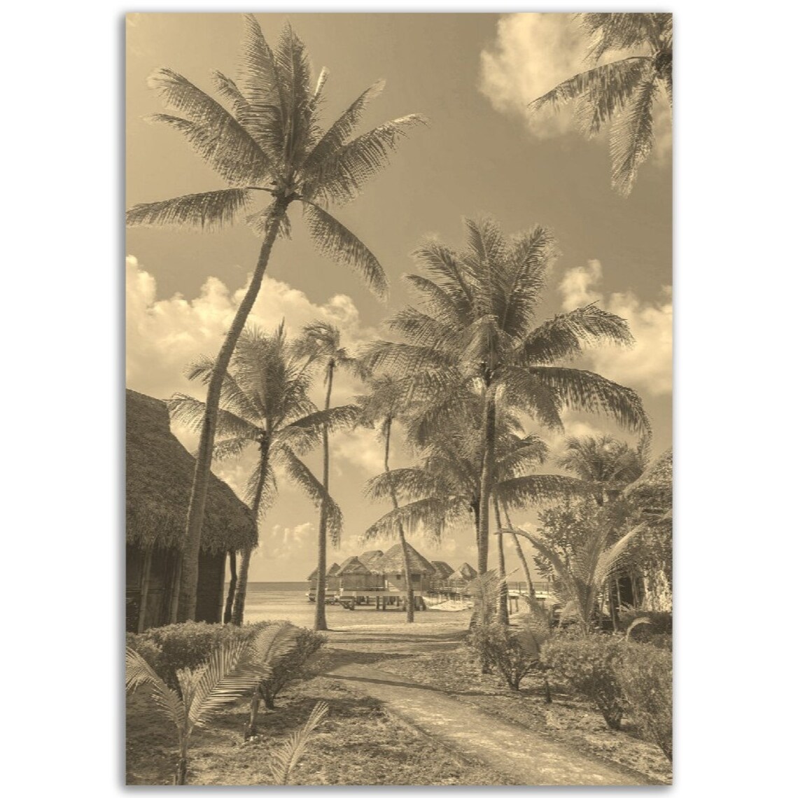 Tahiti French Polynesia Vintage Sepia Palm Trees Beach Travel Poster