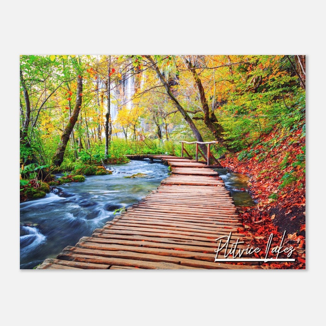 Plitvice Lakes Croatia Wooden Boardwalk Autumn Forest Waterfall Poster