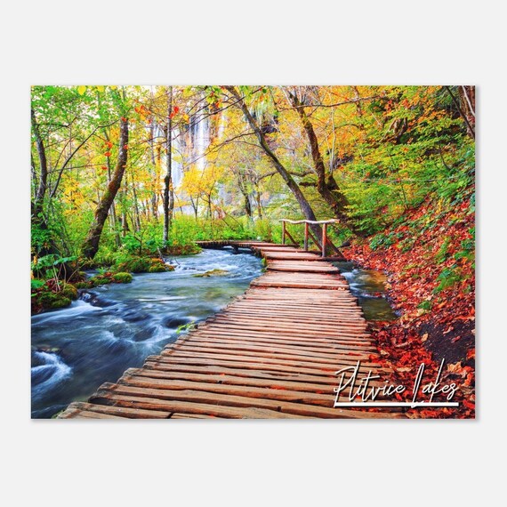 Plitvice Lakes Croatia Wooden Boardwalk Autumn Forest Waterfall Poster