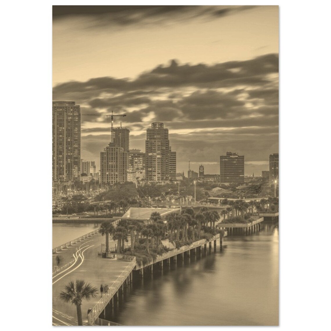 St Petersburg Florida Sepia Skyline Pier Waterfront Vintage Print