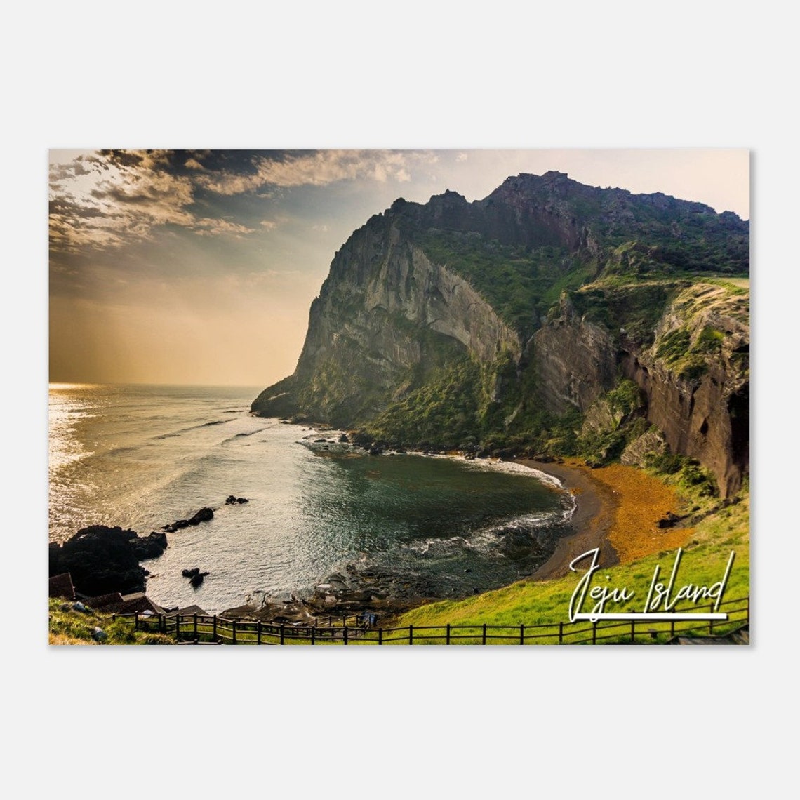 Jeju Island Volcanic Crater Golden Hour Coastal Sunset Poster