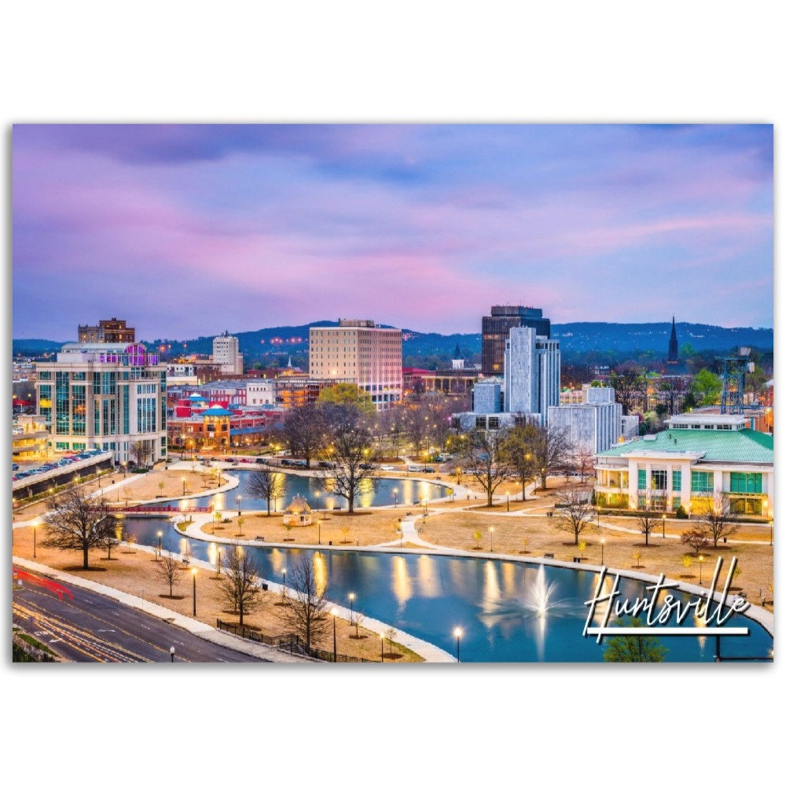 Huntsville Alabama Downtown Skyline Dusk City Lights Travel Poster