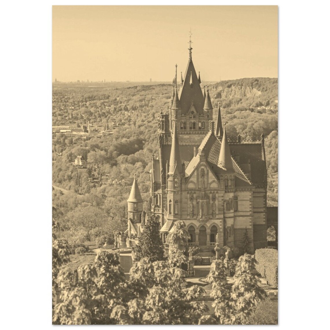 Sepia Gothic Castle Hilltop Spires Vintage European Photo Poster