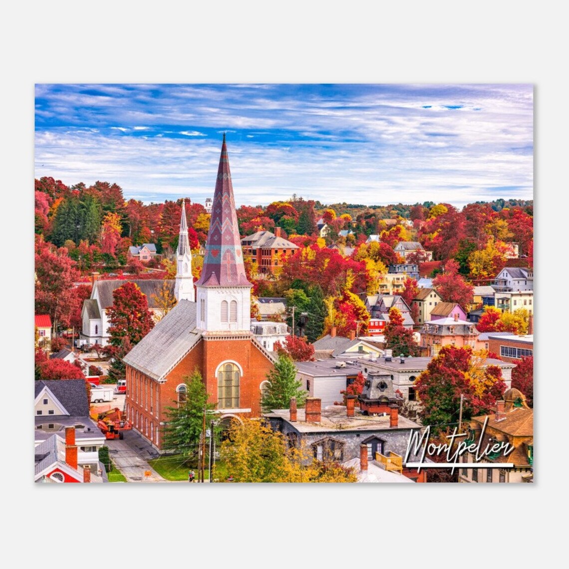 Montpelier Vermont Autumn Fall Foliage Church Steeple Travel Poster