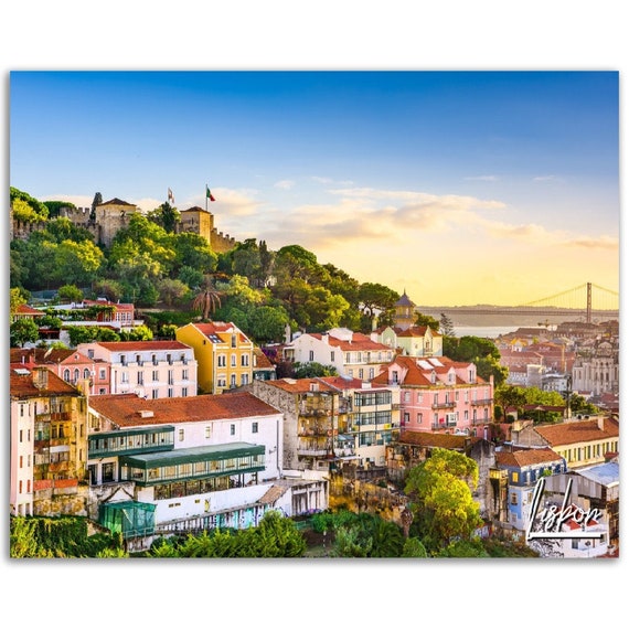 Lisbon Portugal Cityscape Poster 25 De Abril Bridge Castle Wall Art