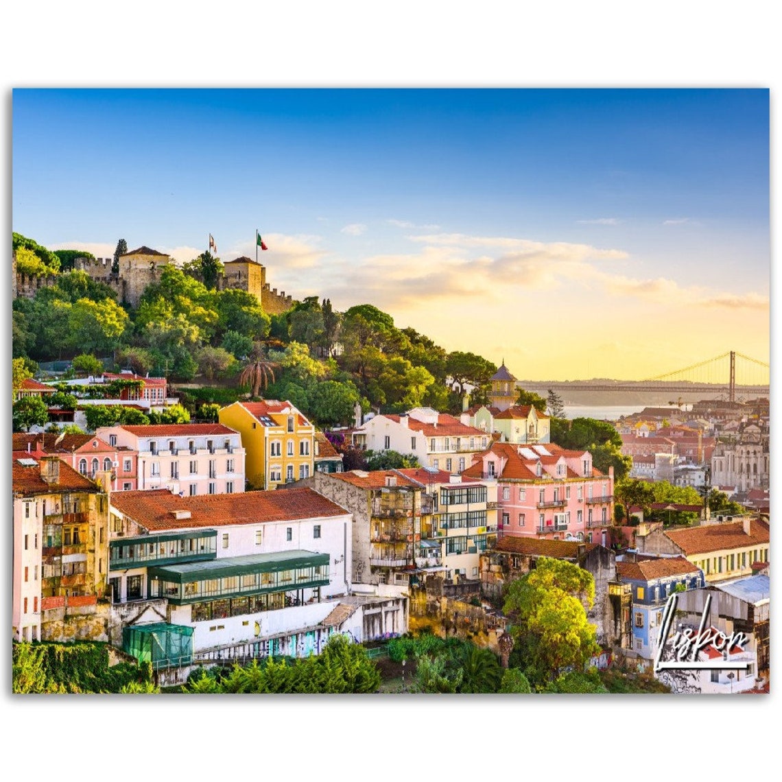 Lisbon Portugal Castle Hill 25 De Abril Bridge Golden Cityscape Poster