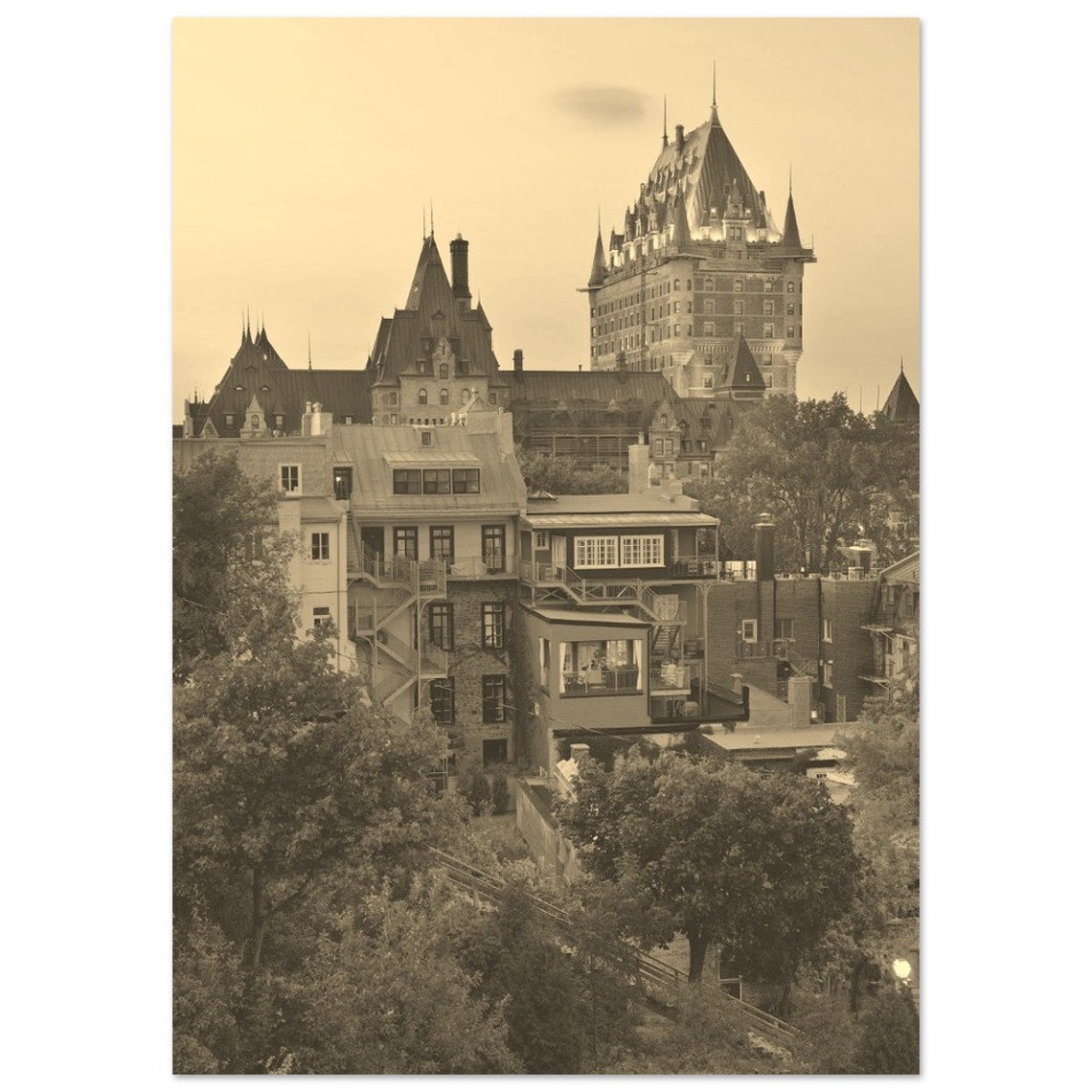 Chateau Frontenac Quebec City Old Town Vintage Sepia Travel Poster