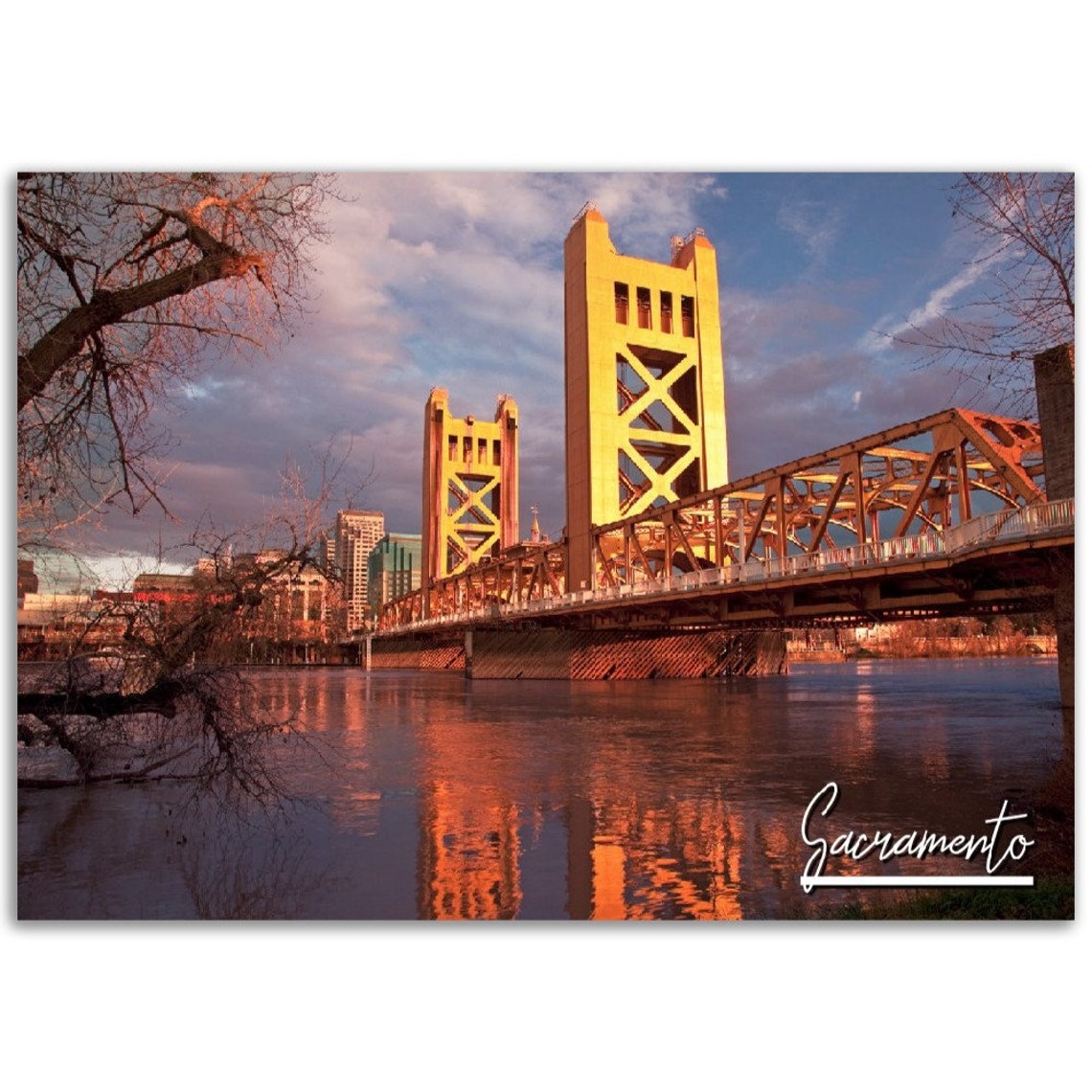 Sacramento Tower Bridge Sunset River California Travel Poster
