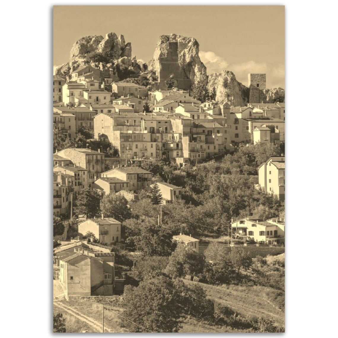 Vintage Molise Italy Hilltop Village Rocky Cliffs Sepia Poster
