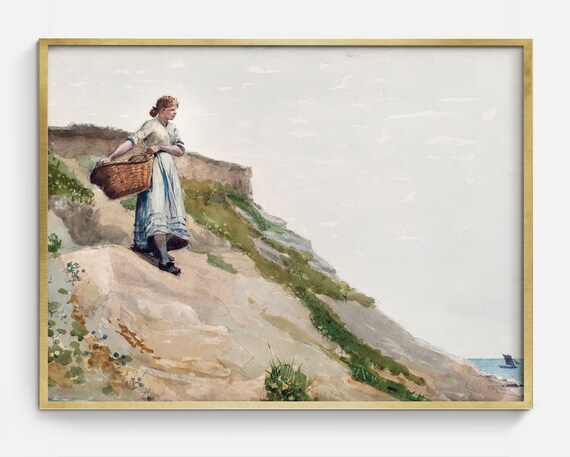 Woman With Basket Coastal Cliff Path Vintage Watercolor Art Print