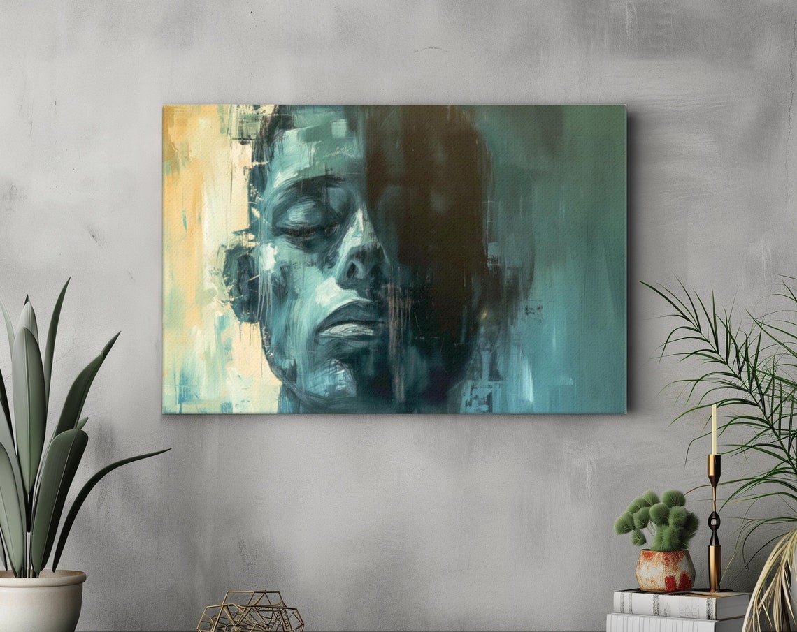 Abstract Surreal Face Portrait Muted Teal Moody Conceptual Art Poster