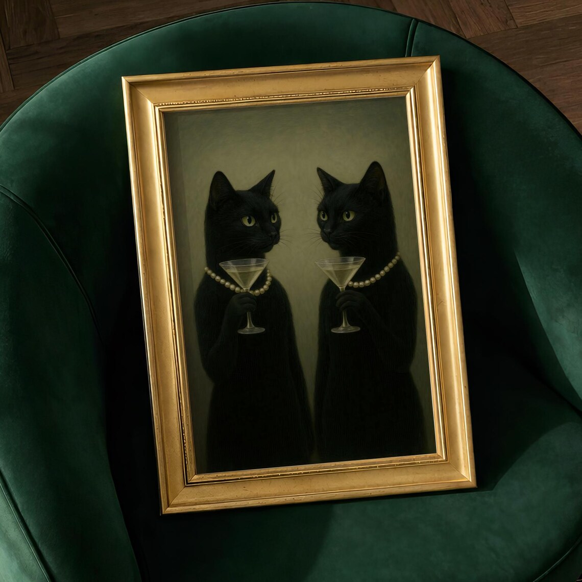 Black Cat Martini Glass Art Print, Parisian Noir