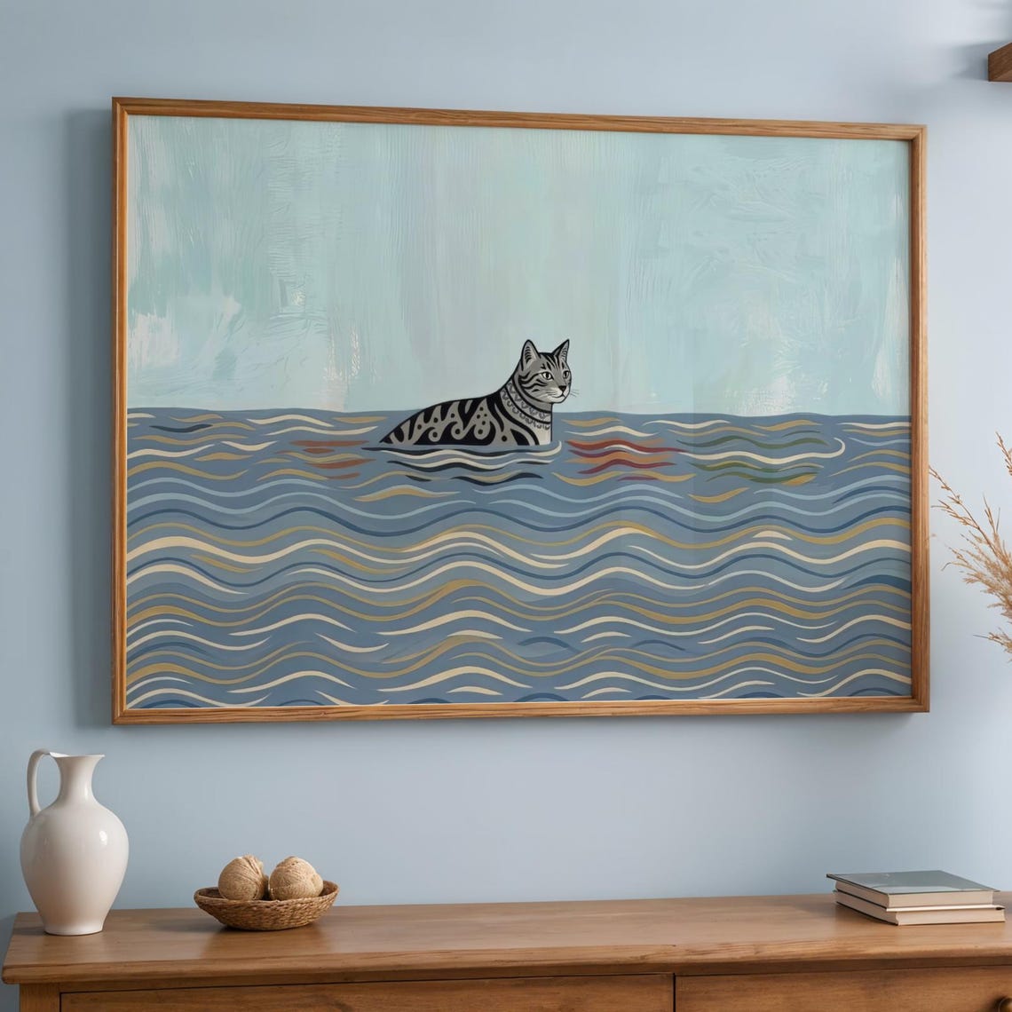 Swimming Tabby Cat Poster Whimsical Blue Ocean Waves Feline Art