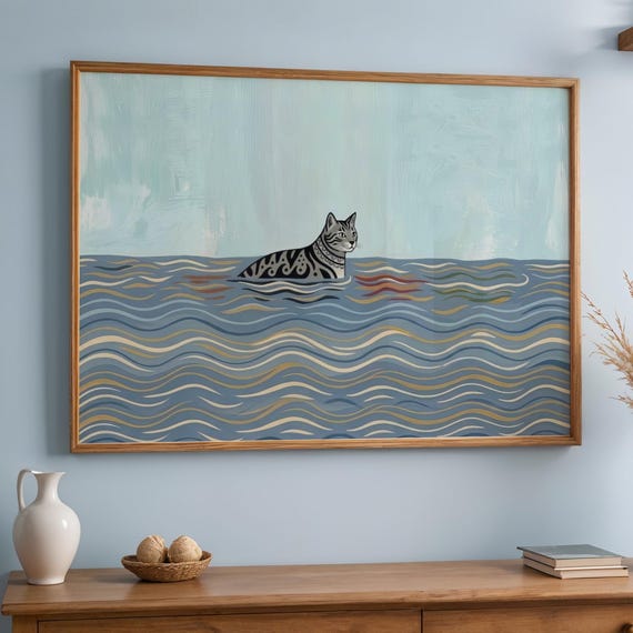 Cat Swimming In Ocean Print Whimsical Coastal Wall Art Blue Beach House Decor Minimalist Animal Painting Mediterranean Style Poster