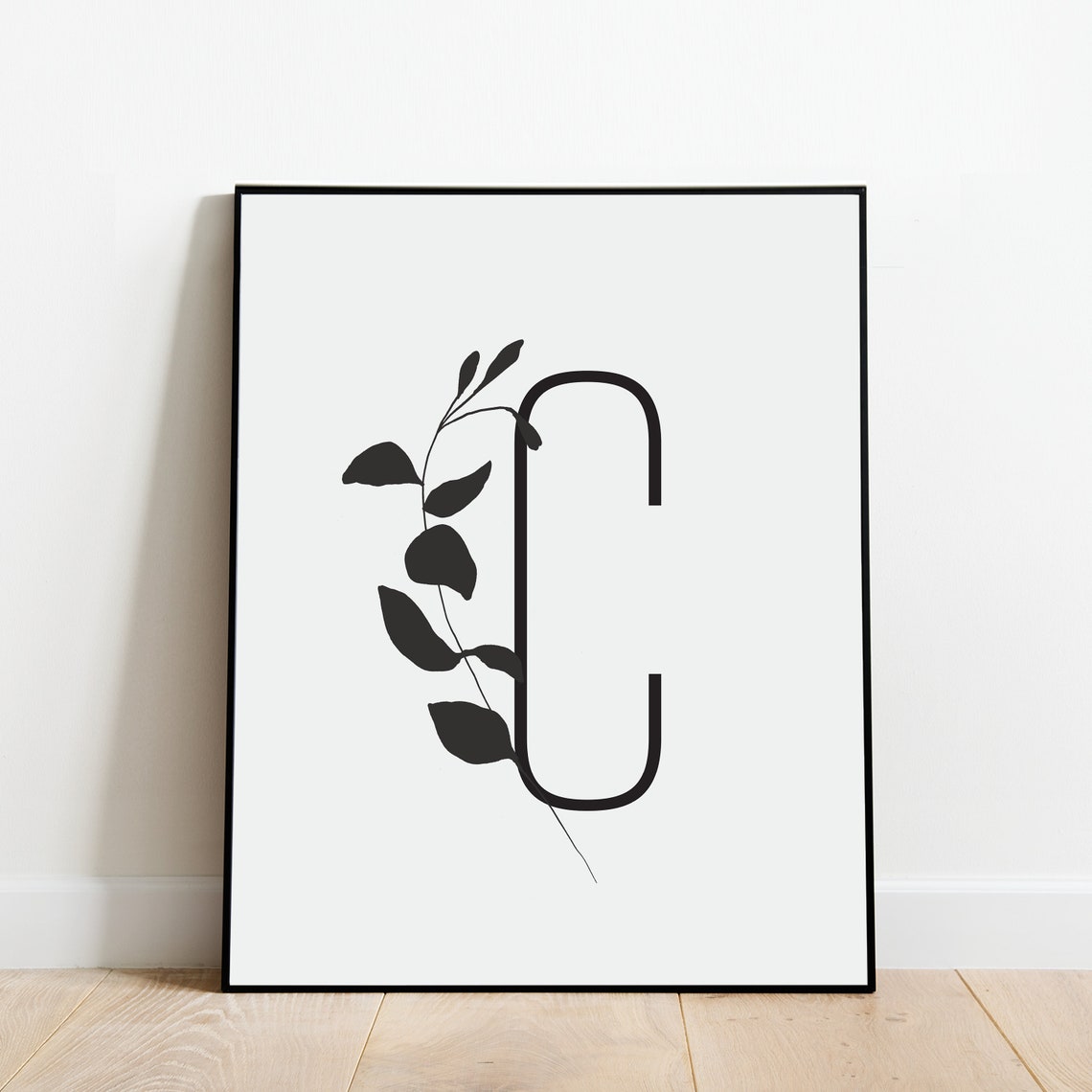Letter C Botanical Initial Print with Delicate Gray Leaf Sprig Design - Image 4