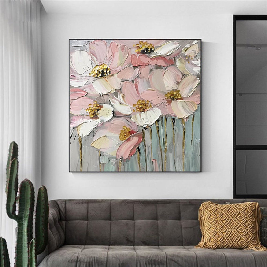 Pink Blossom Flowers with Gold Stamen Textured Fine Art Poster - Image 2