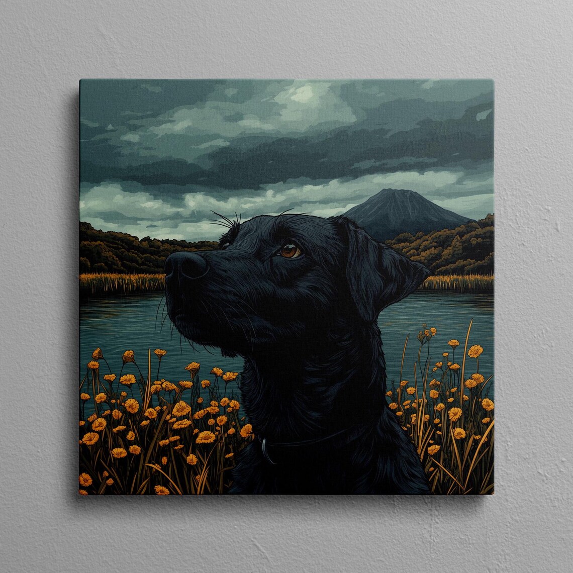 Black Lab by a Mountain Lake in Yellow Flowers Scenic Poster