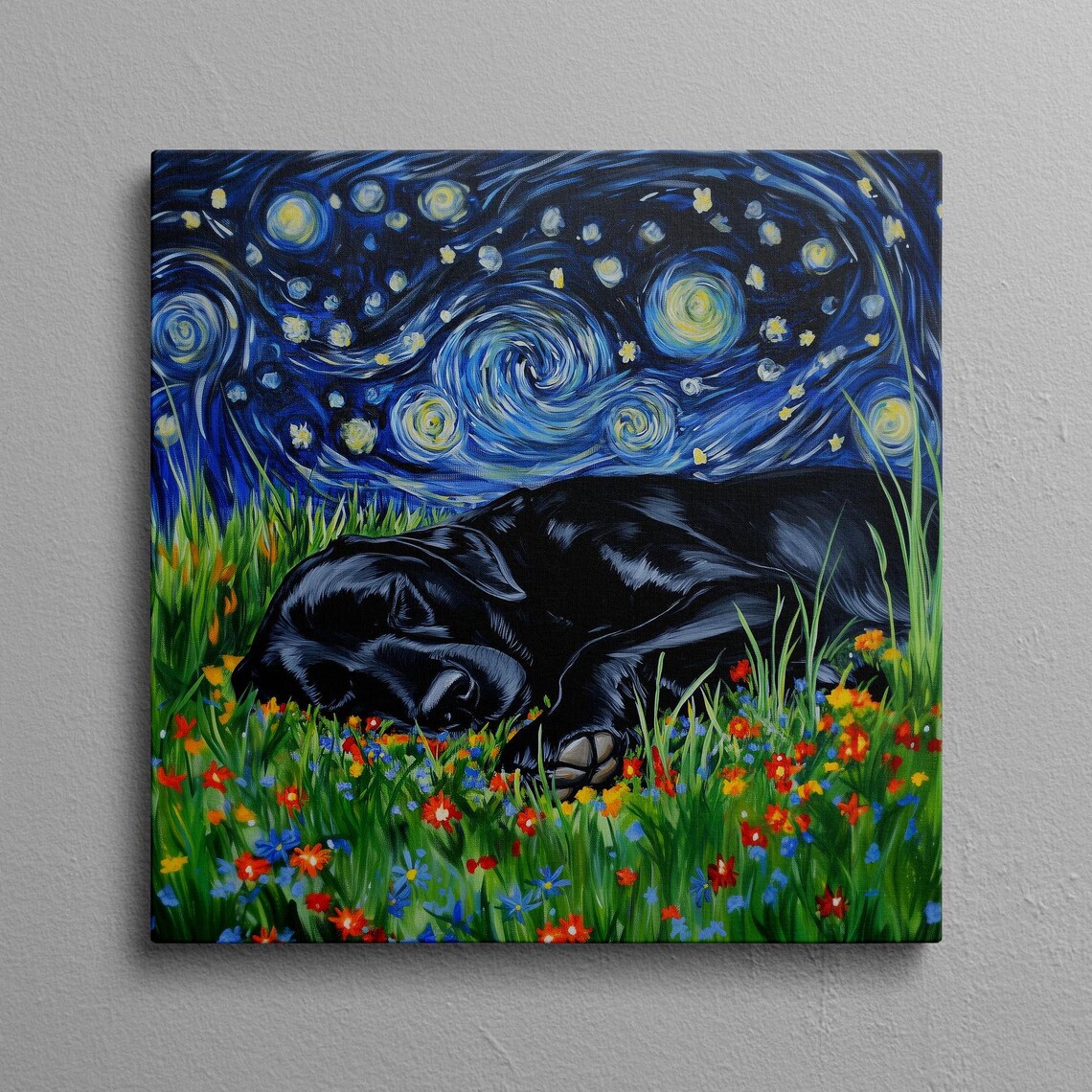 Black Lab Starry Night Dog Art Print, Whimsical