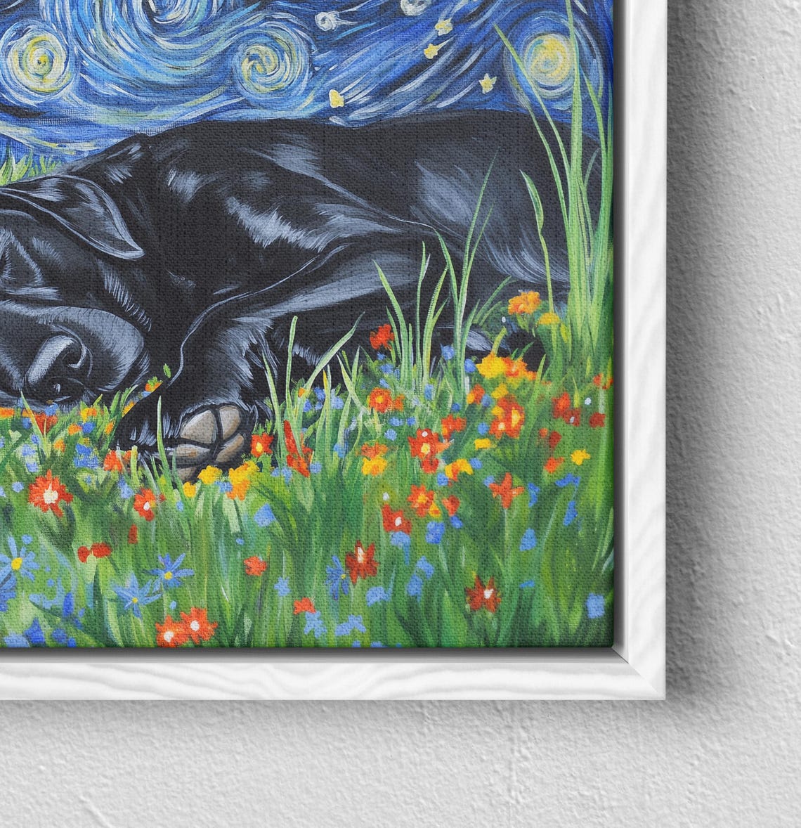 Sleeping Black Lab In A Flower Meadow Under Starry Night Poster - Image 2