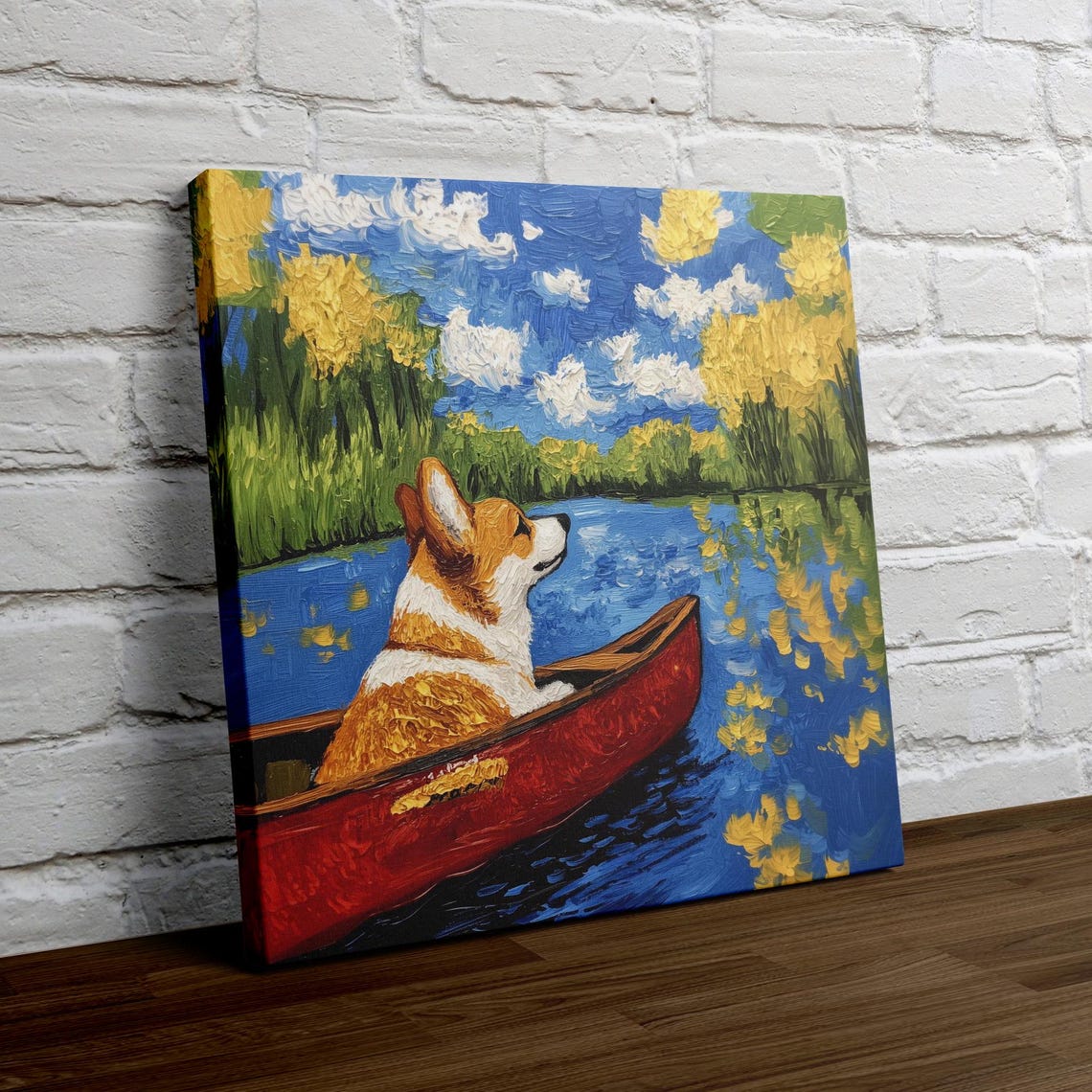 Corgi Paddling a Red Canoe on a River in Colorful Oil Poster - Image 4