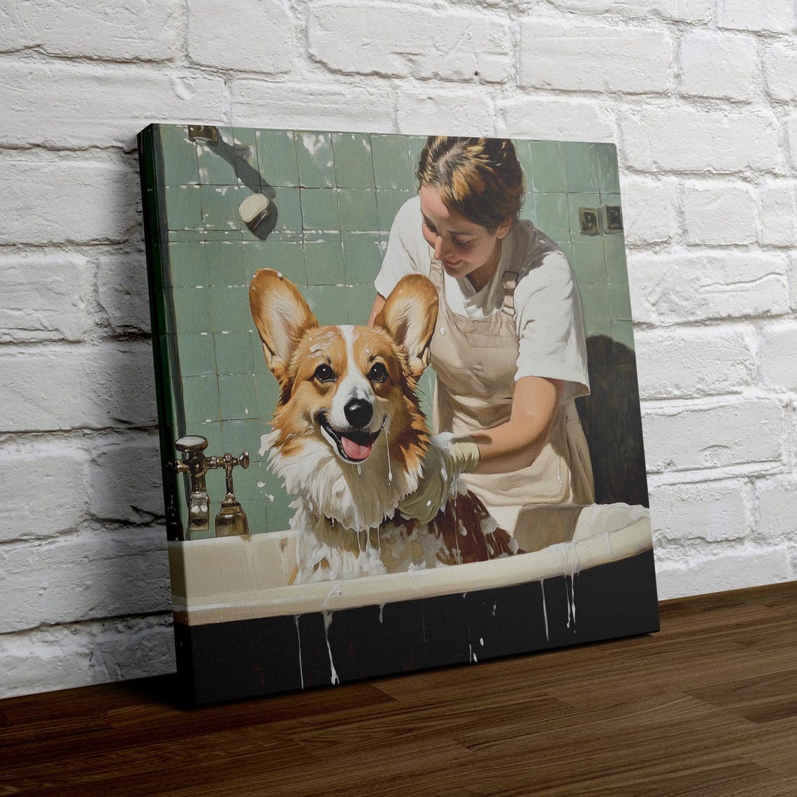 Woman Bathing a Soapy Corgi in a Vintage Green Bathtub Poster - Image 4